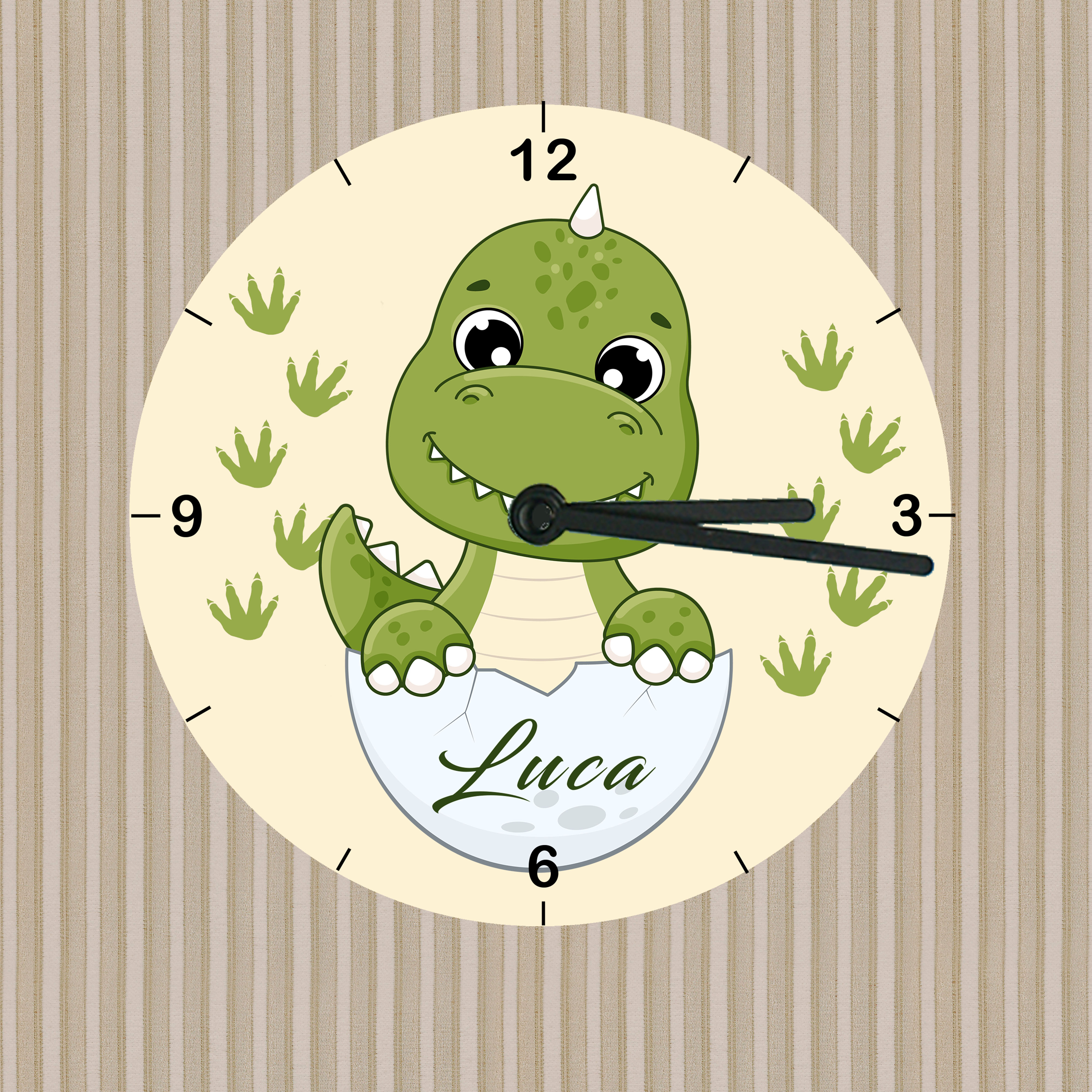 personalisierte Wanduhr aus Glas mit Dino für Kinder