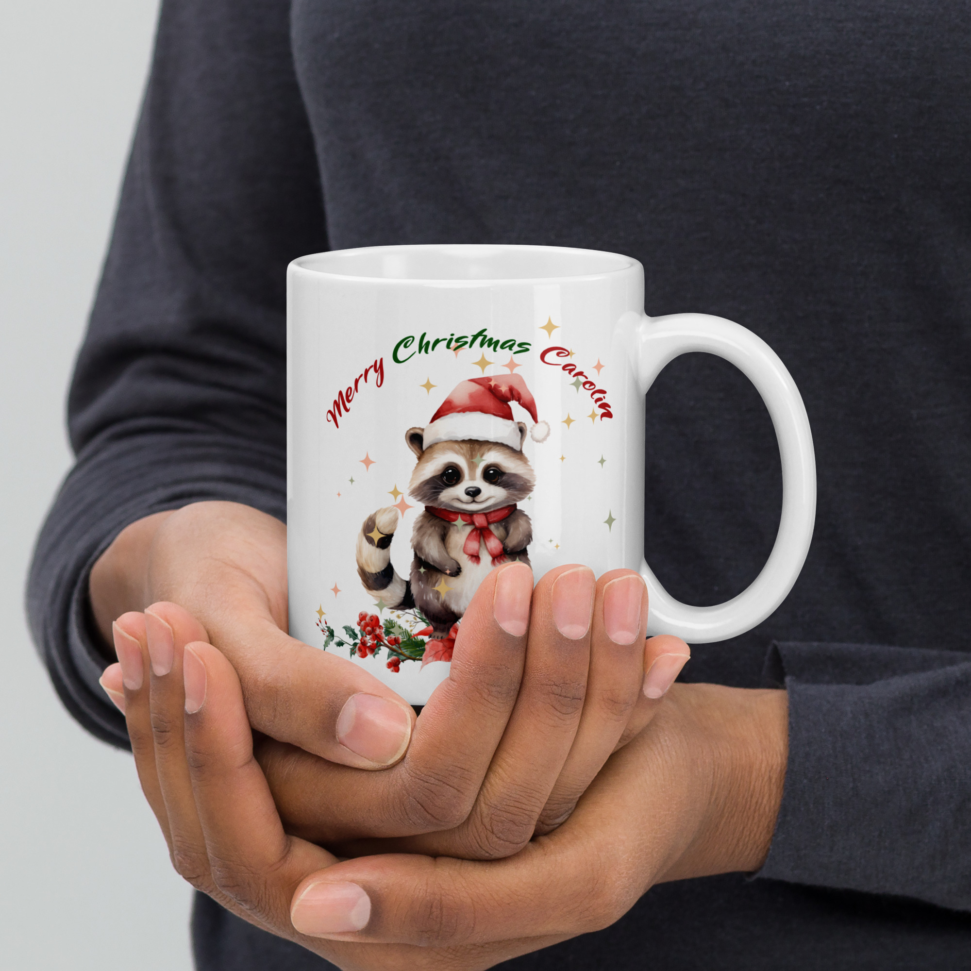 Personalisierte Tasse Waschbär zu Weihnachten mit Namen