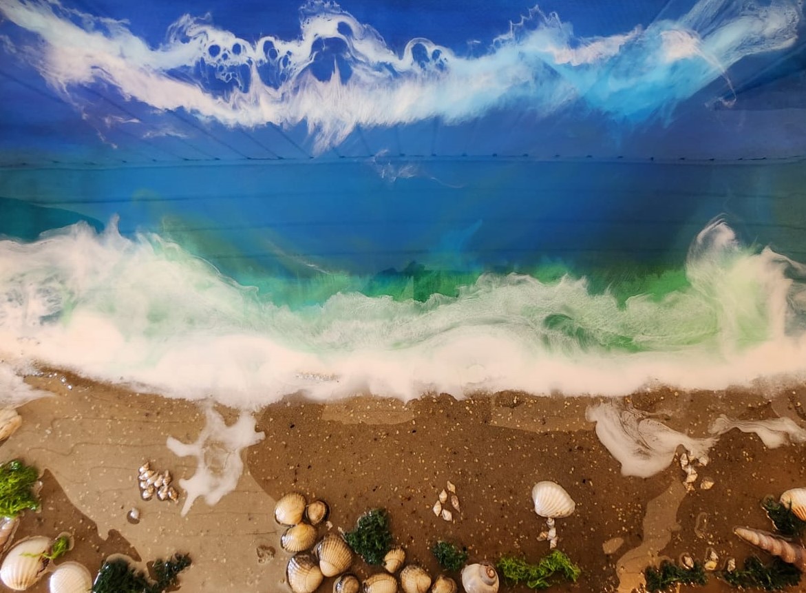 Strand und Meer auf Leinwand - 60 x 80 cm Epoxidharz-Kunstwerk mit Strand und Muscheln