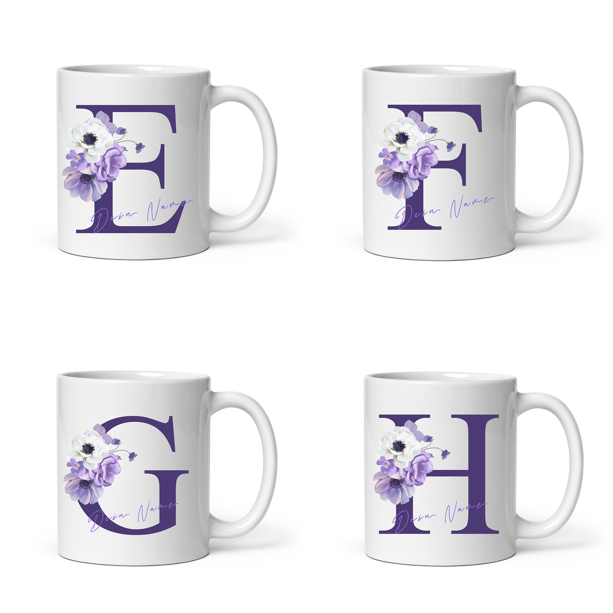 Personalisierte lila Blumen-Tasse: Zauberhaftes Design mit individuellem Namen für Genussmomente!