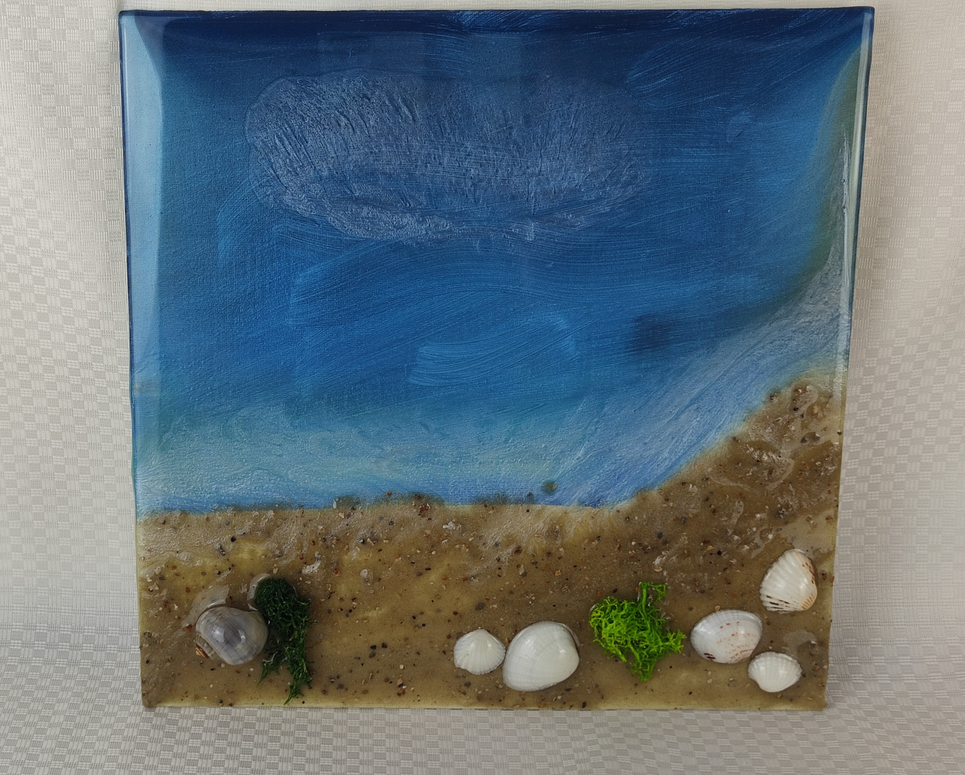 3D Meereslandschaft auf Leinwand - 30x30 cm Epoxidharz-Kunstwerk mit Strand und Muscheln