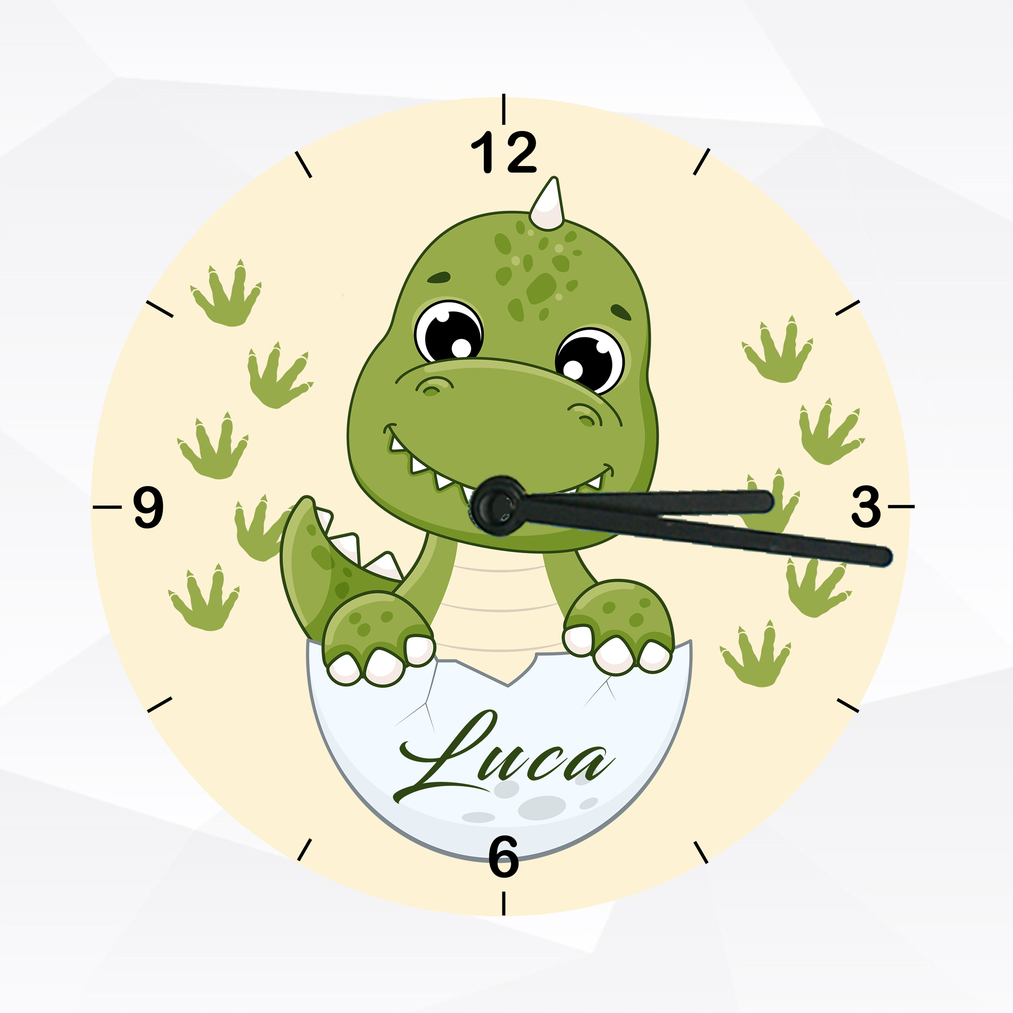 personalisierte Wanduhr aus Glas mit Dino für Kinder