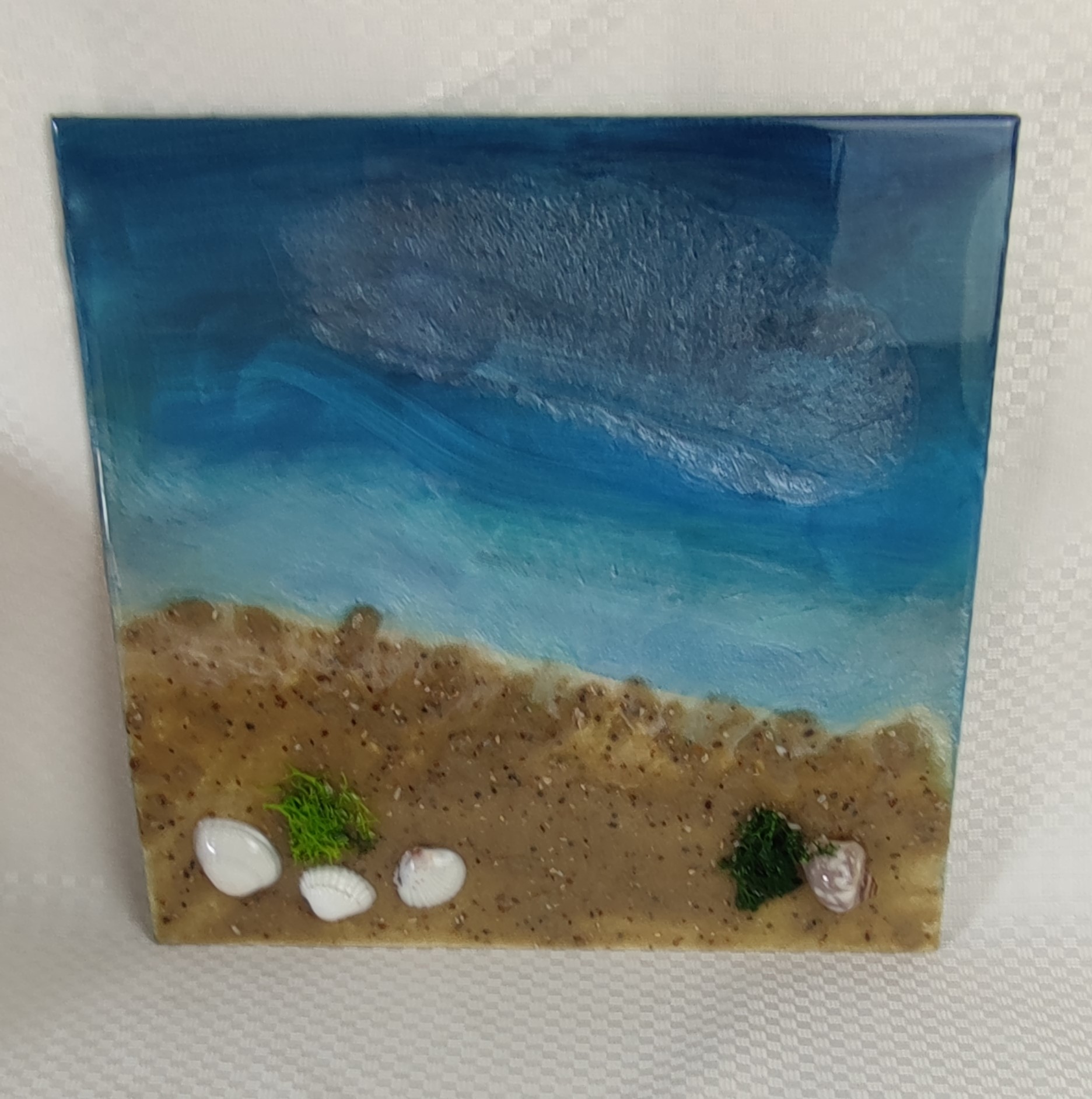 3D Meereslandschaft auf Leinwand - 30x30 cm Epoxidharz-Kunstwerk mit Strand und Muscheln