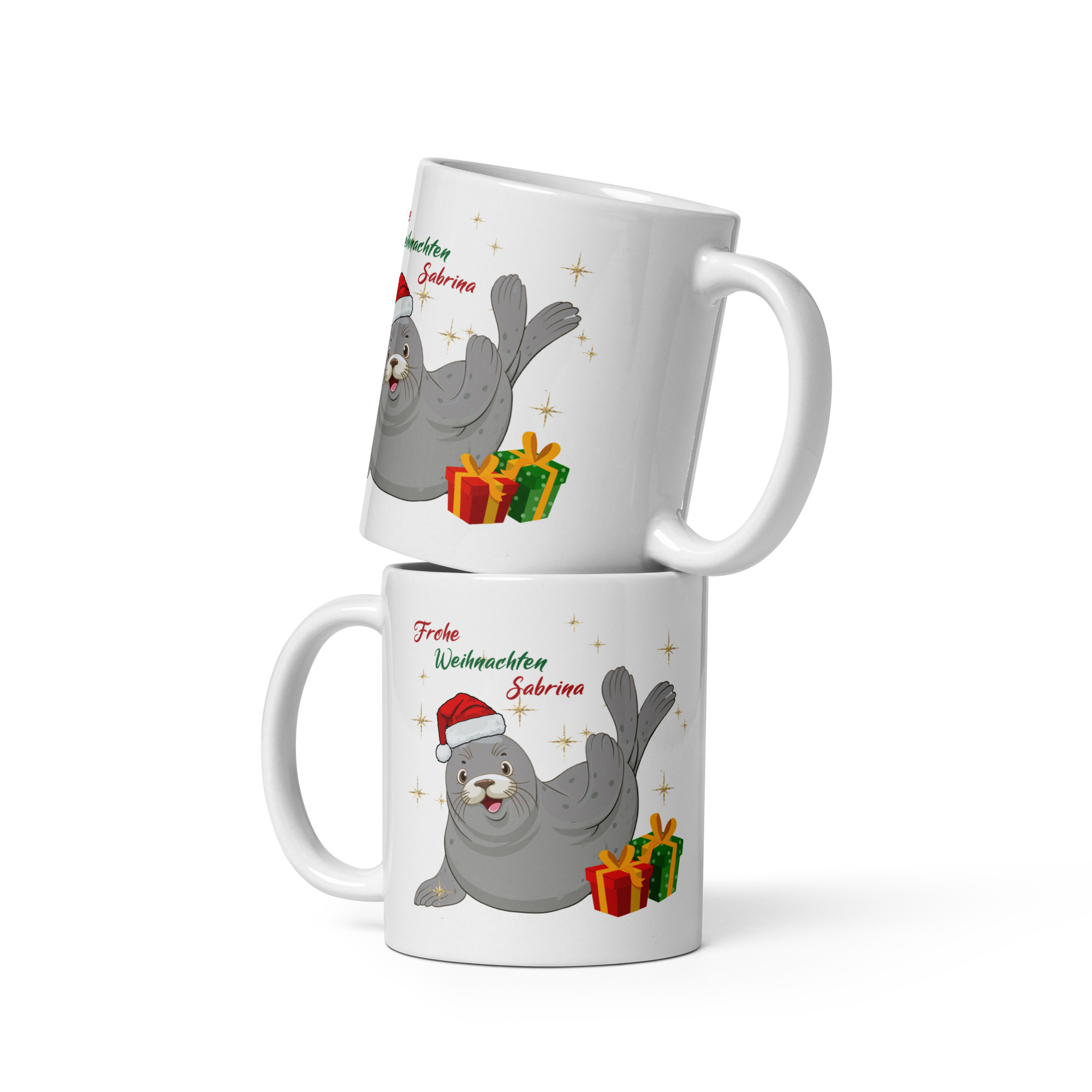 Personalisierte Tasse Robbe zu Weihnachten mit Namen