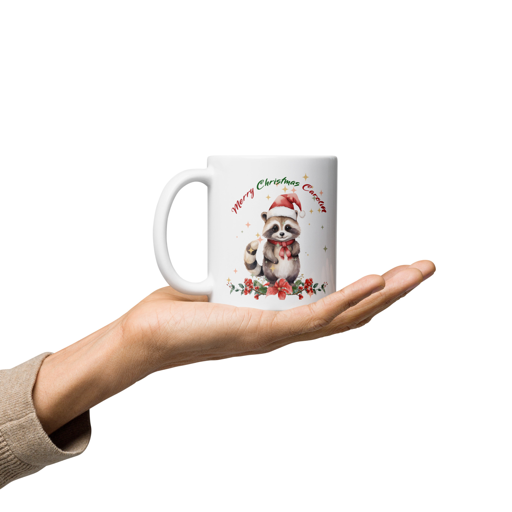 Personalisierte Tasse Waschbär zu Weihnachten mit Namen