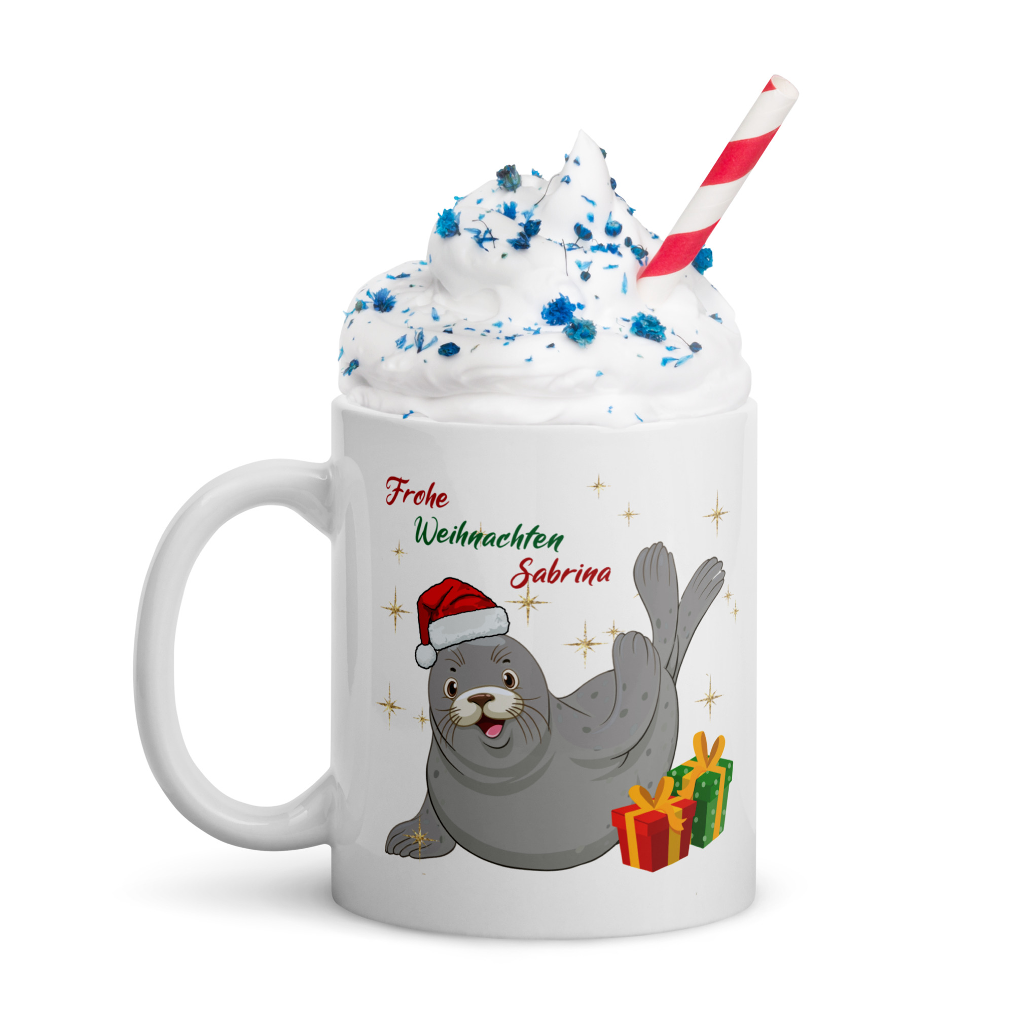 Personalisierte Tasse Robbe zu Weihnachten mit Namen