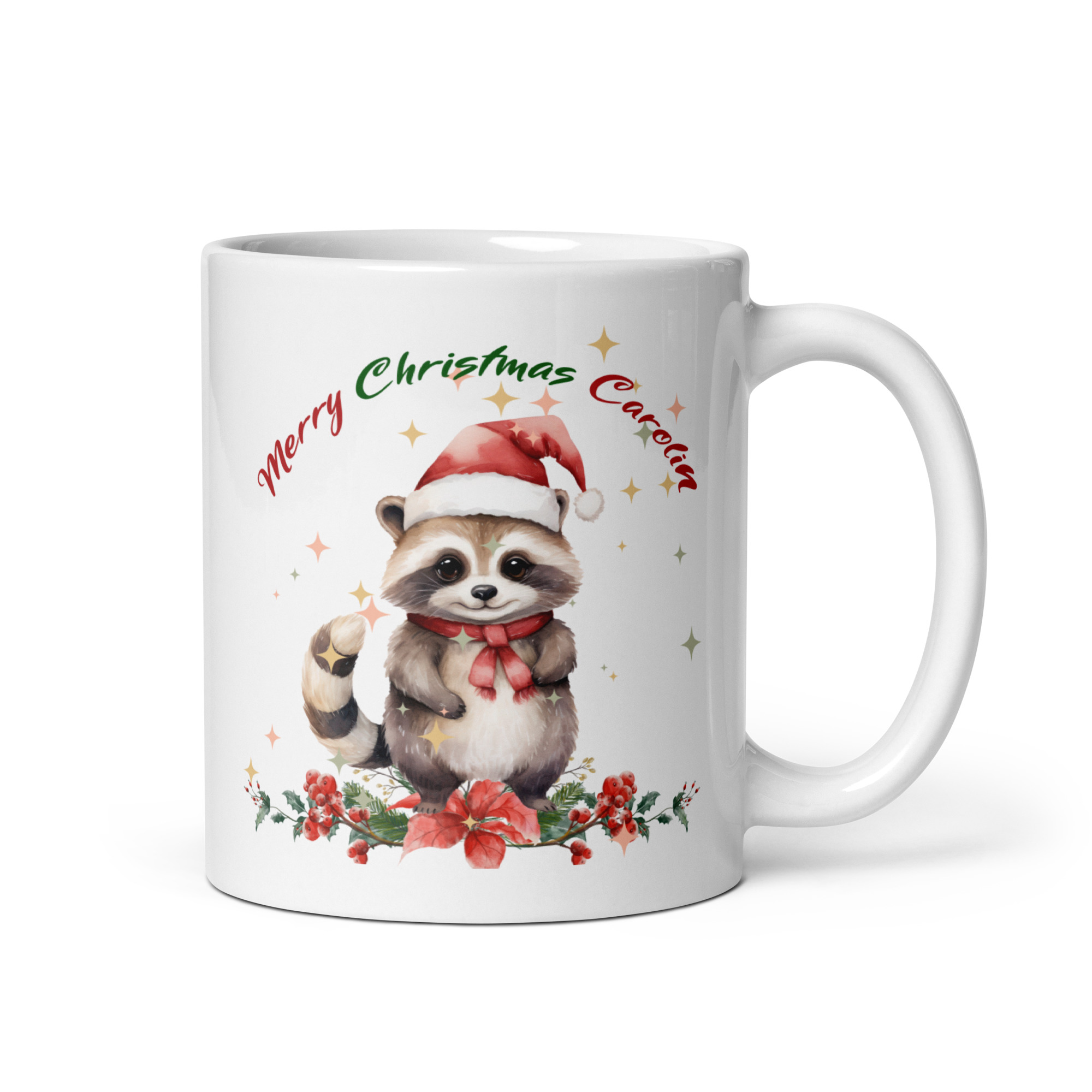 Personalisierte Tasse Waschbär zu Weihnachten mit Namen