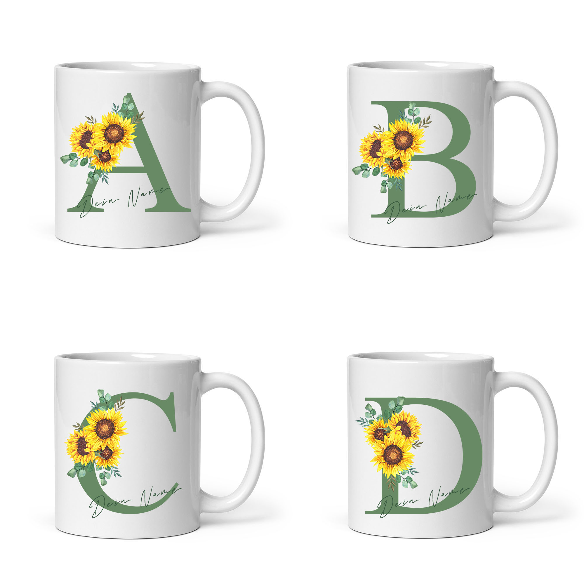 Personalisierte Sonnenblumen-Tasse: Blumiges Design, individueller Name