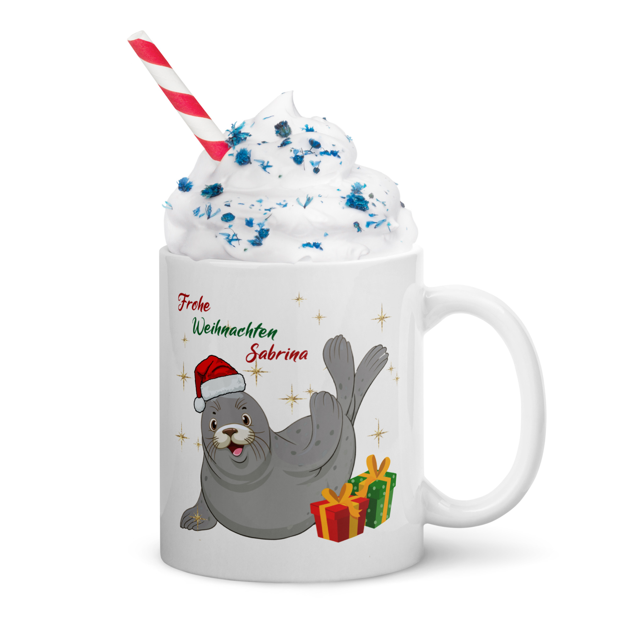 Personalisierte Tasse Robbe zu Weihnachten mit Namen