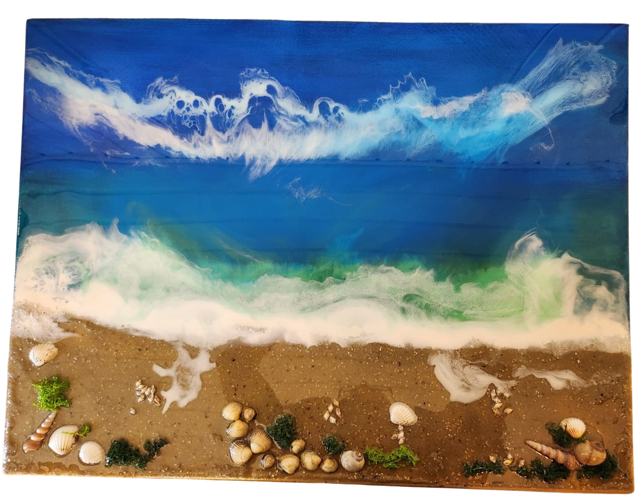 Strand und Meer auf Leinwand - 60 x 80 cm Epoxidharz-Kunstwerk mit Strand und Muscheln