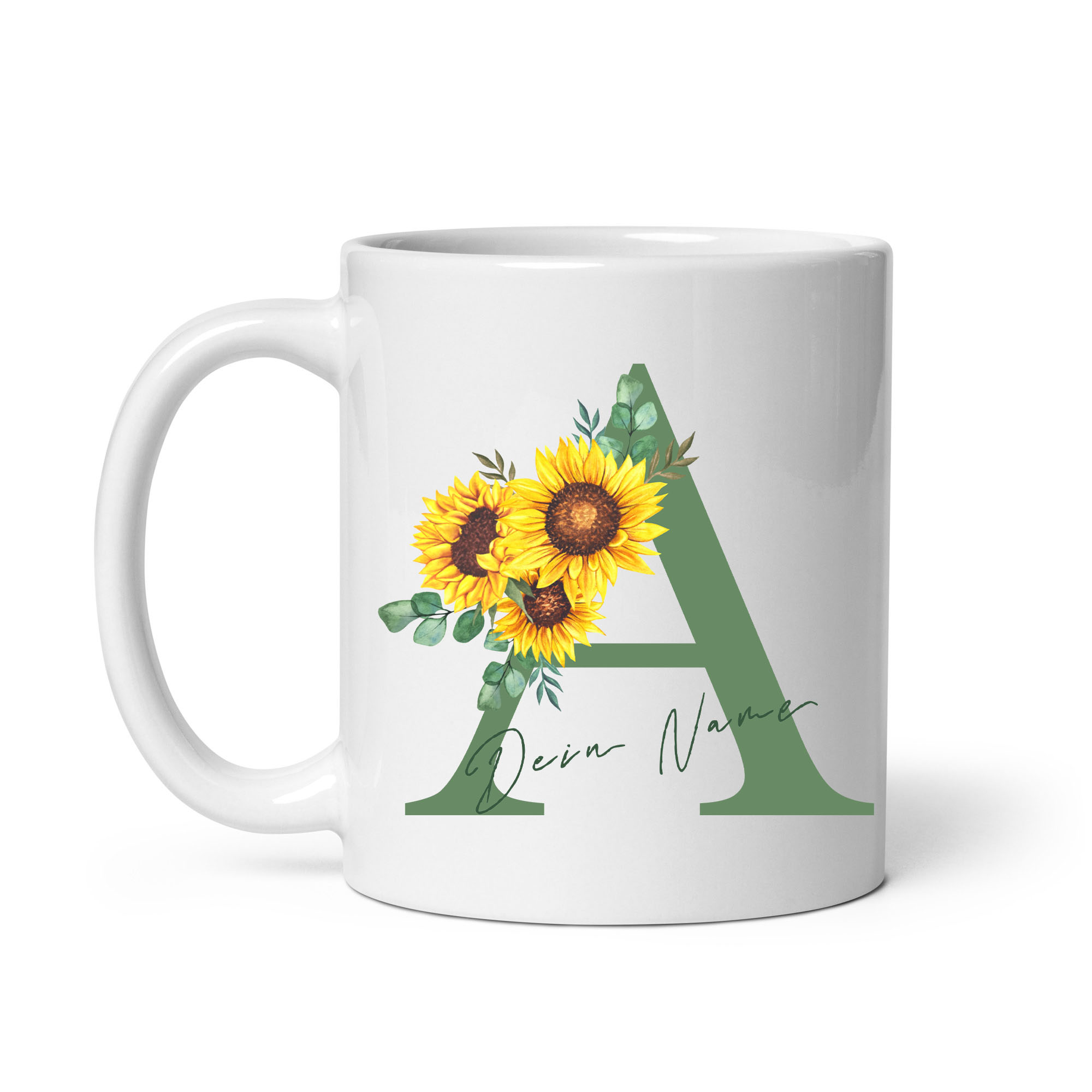 Personalisierte Sonnenblumen-Tasse: Blumiges Design, individueller Name