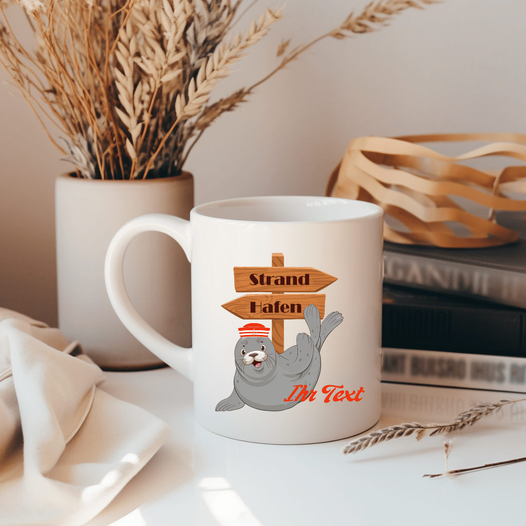 Personalisierte Kaffeetasse mit lustiger Robbe – Ihr individueller Name in maritimem Design, beidseitig bedruckt