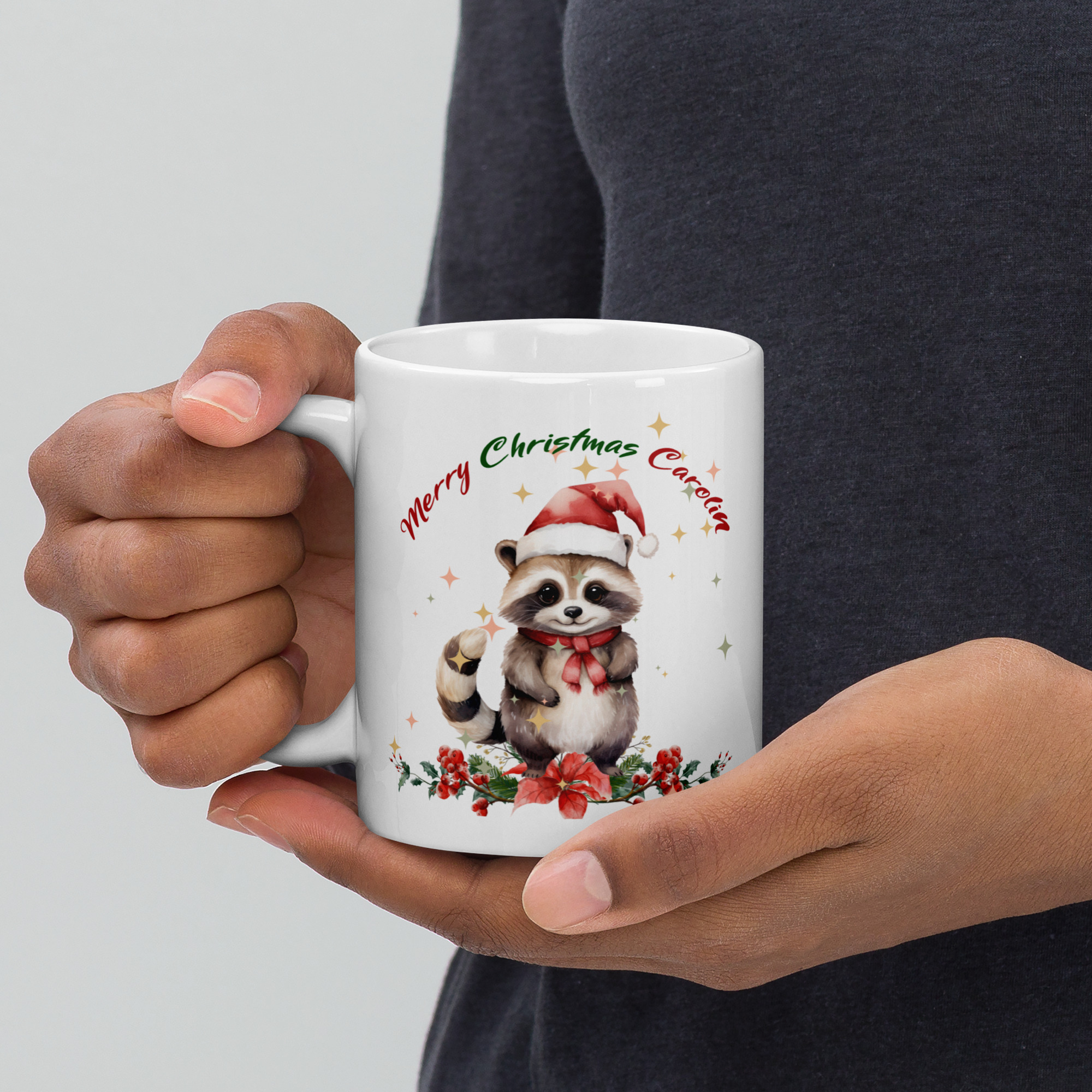 Personalisierte Tasse Waschbär zu Weihnachten mit Namen