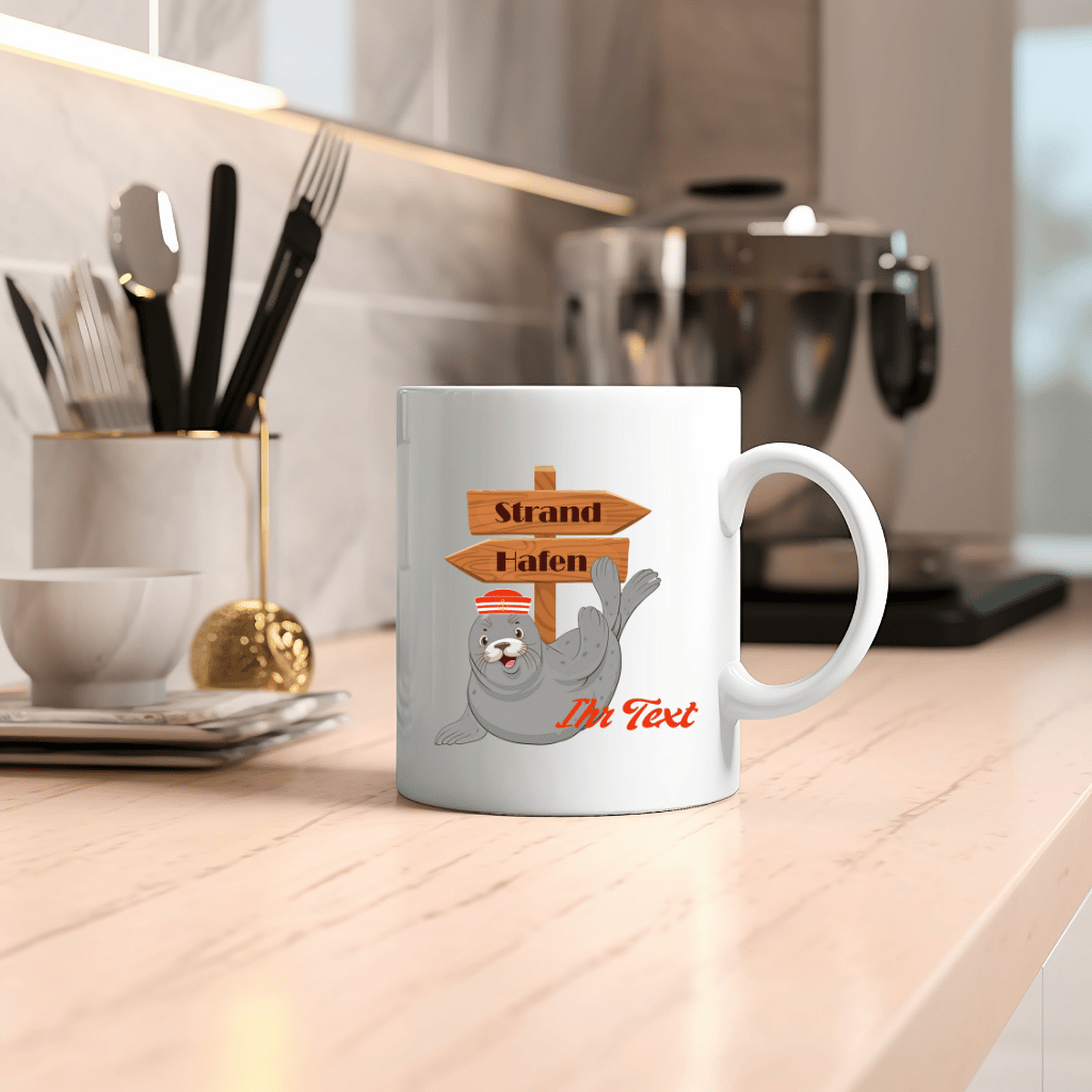 Personalisierte Kaffeetasse mit lustiger Robbe – Ihr individueller Name in maritimem Design, beidseitig bedruckt