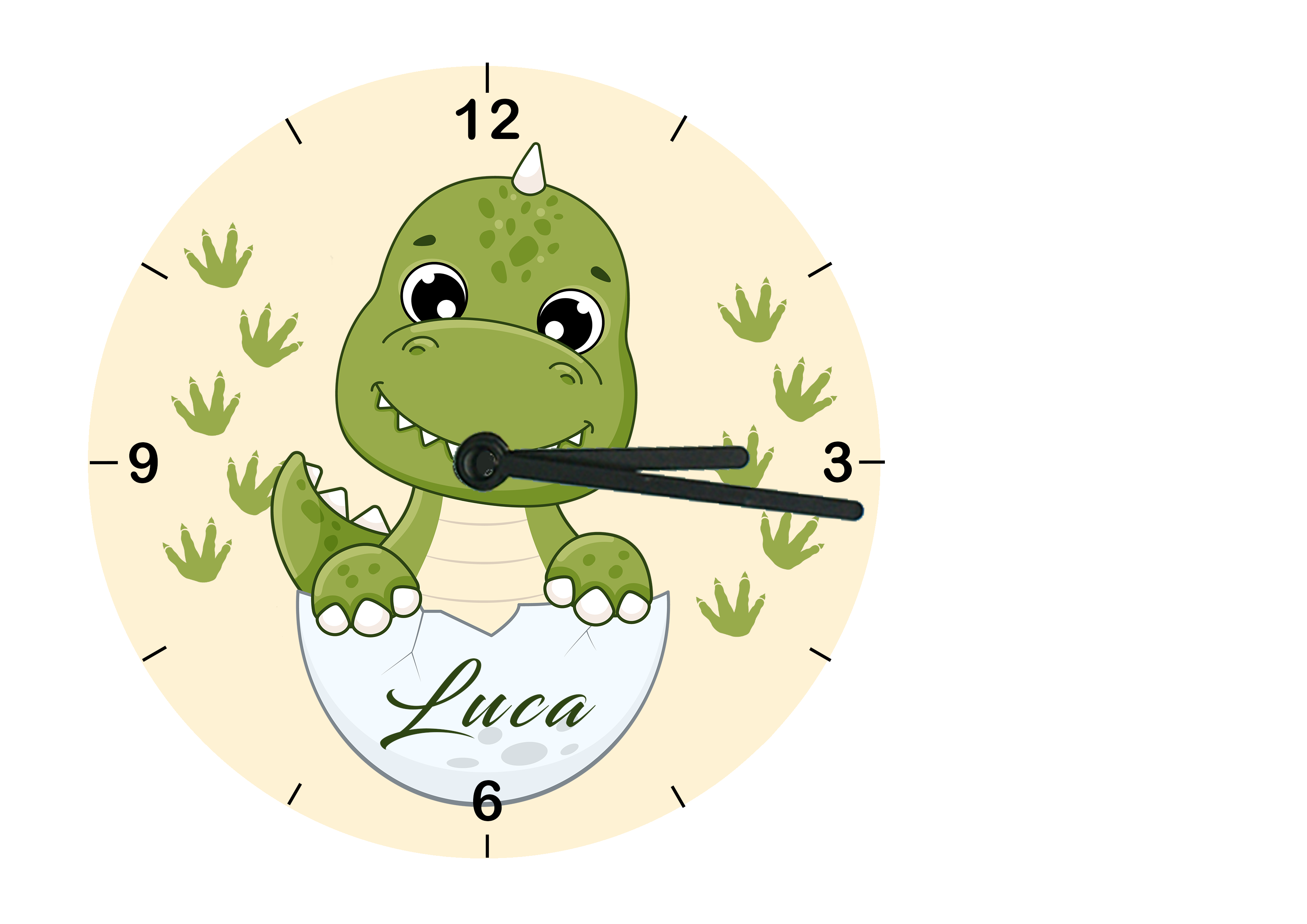 personalisierte Wanduhr aus Glas mit Dino für Kinder