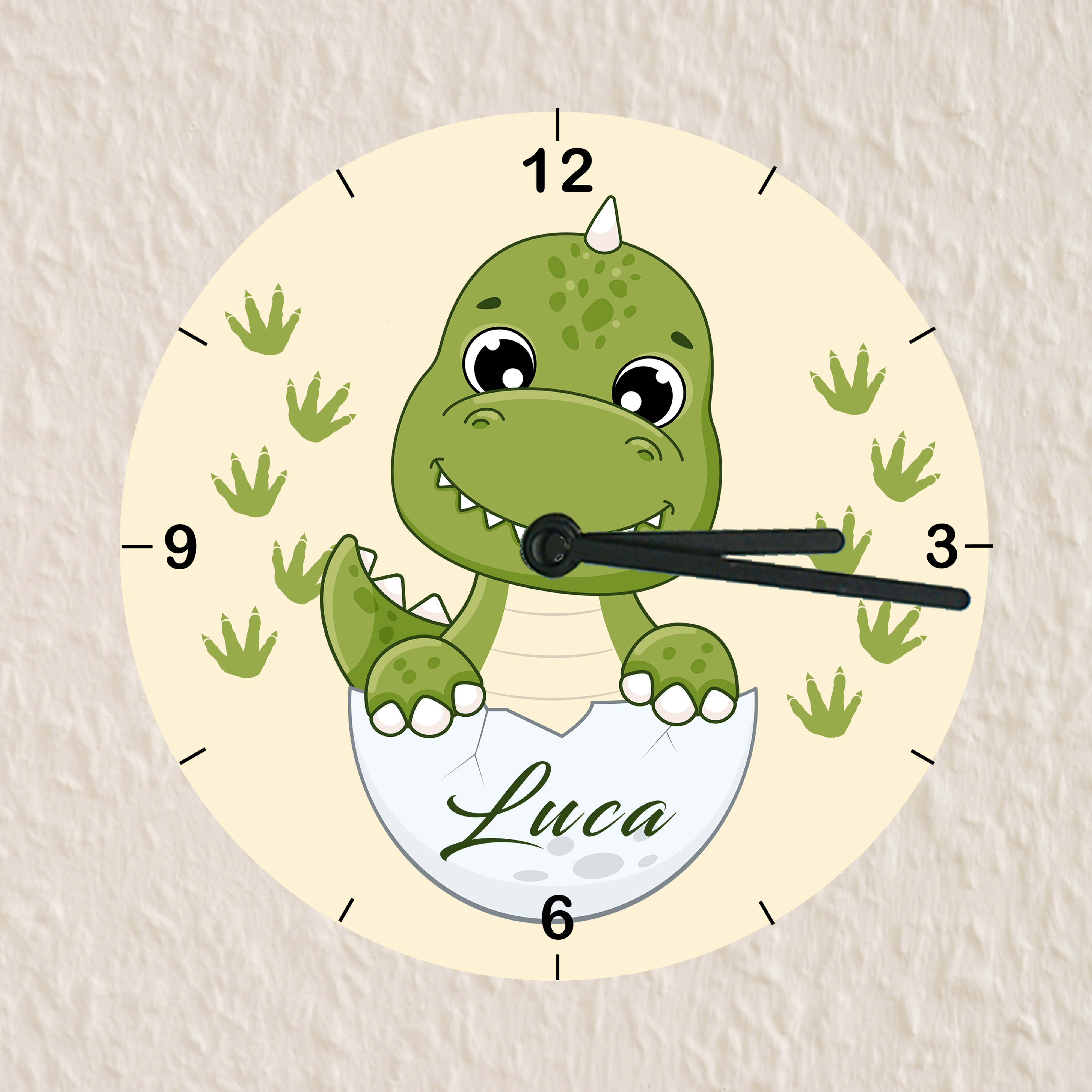 personalisierte Wanduhr aus Glas mit Dino für Kinder