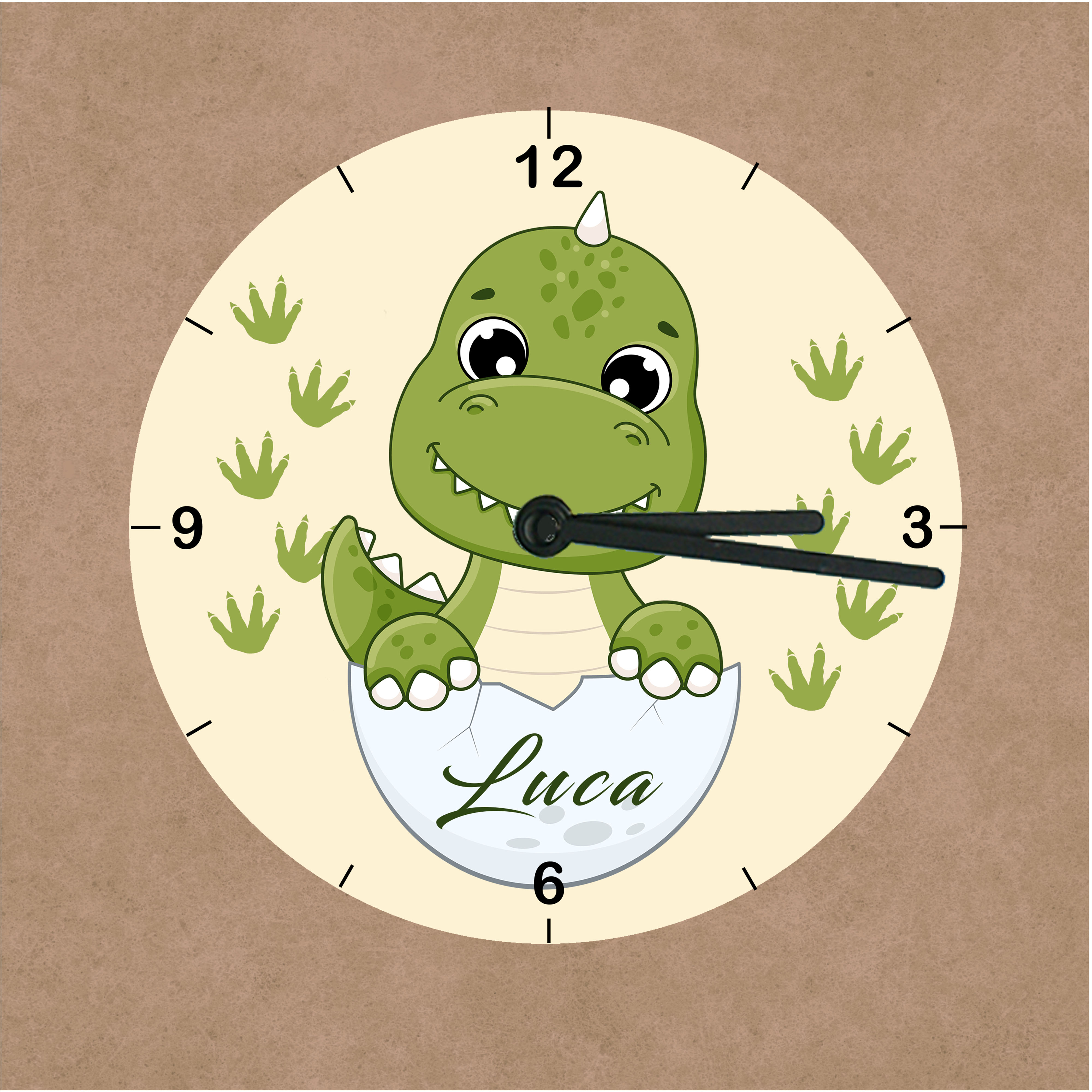 personalisierte Wanduhr aus Glas mit Dino für Kinder