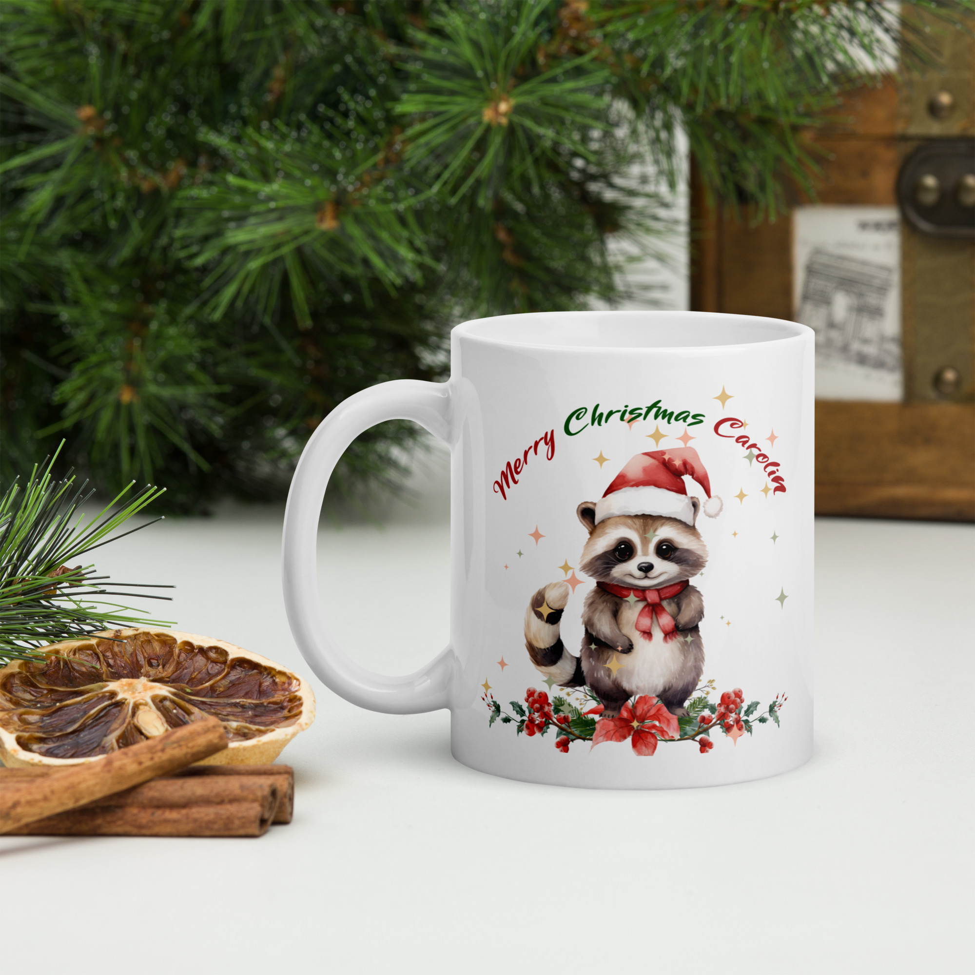 Personalisierte Tasse Waschbär zu Weihnachten mit Namen