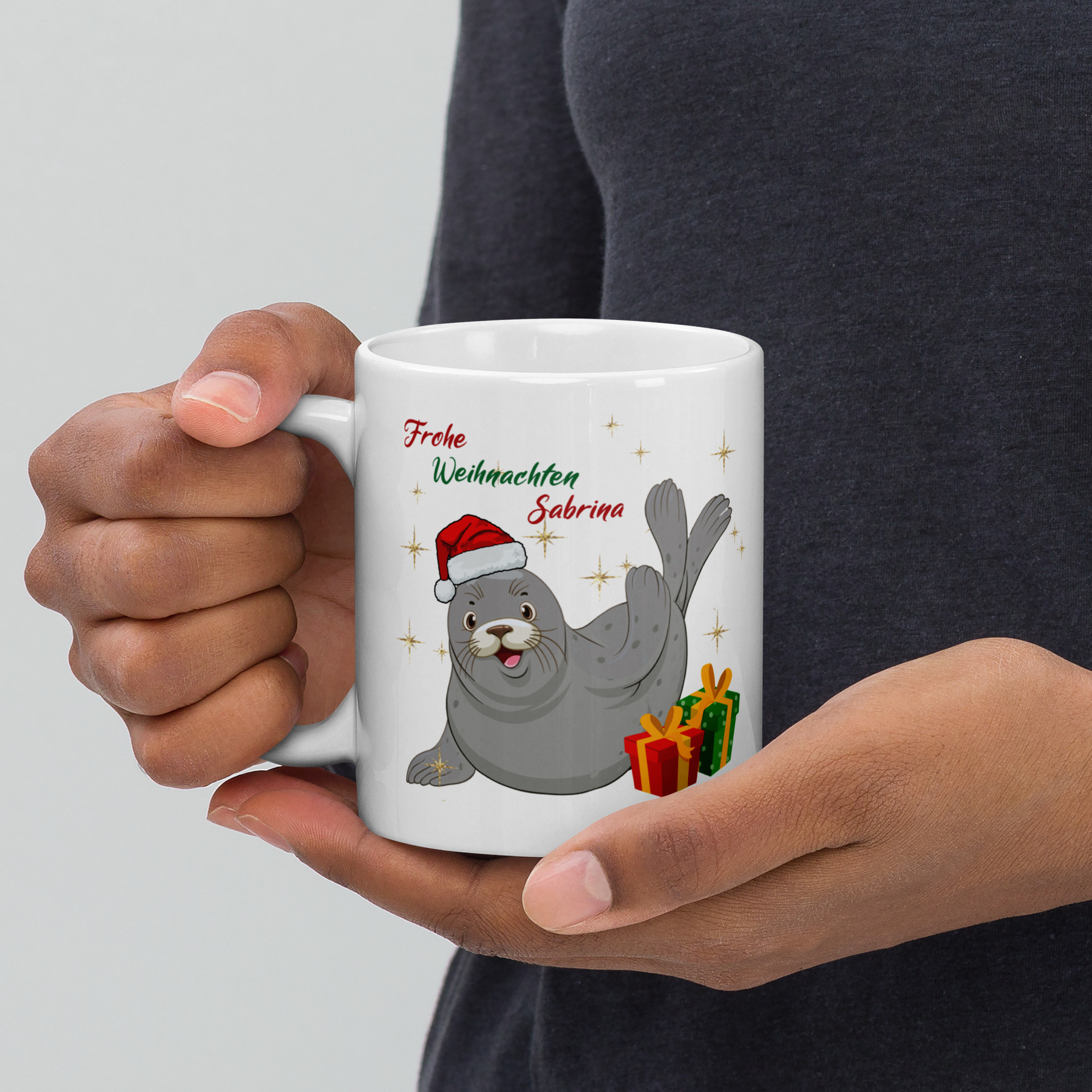 Personalisierte Tasse Robbe zu Weihnachten mit Namen