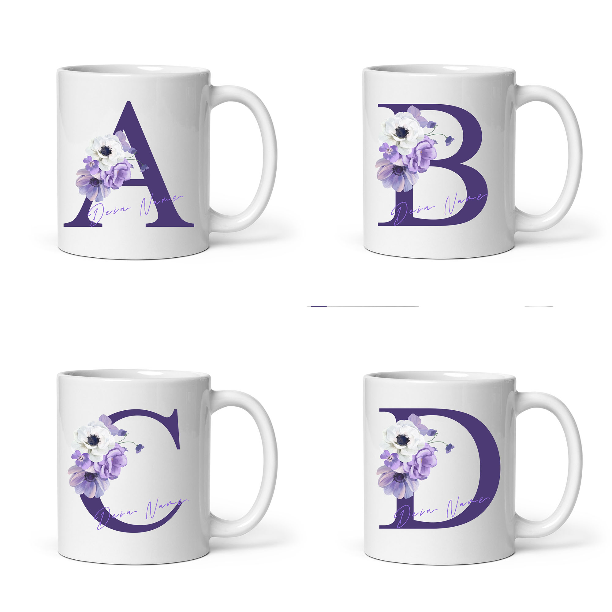 Personalisierte lila Blumen-Tasse: Zauberhaftes Design mit individuellem Namen für Genussmomente!