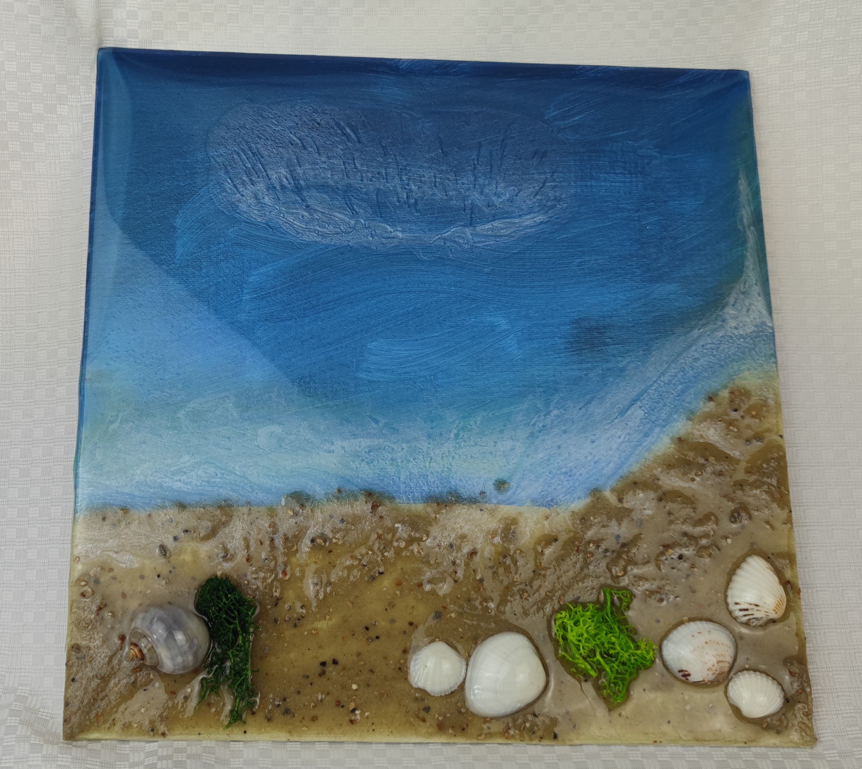 3D Meereslandschaft auf Leinwand - 30x30 cm Epoxidharz-Kunstwerk mit Strand und Muscheln