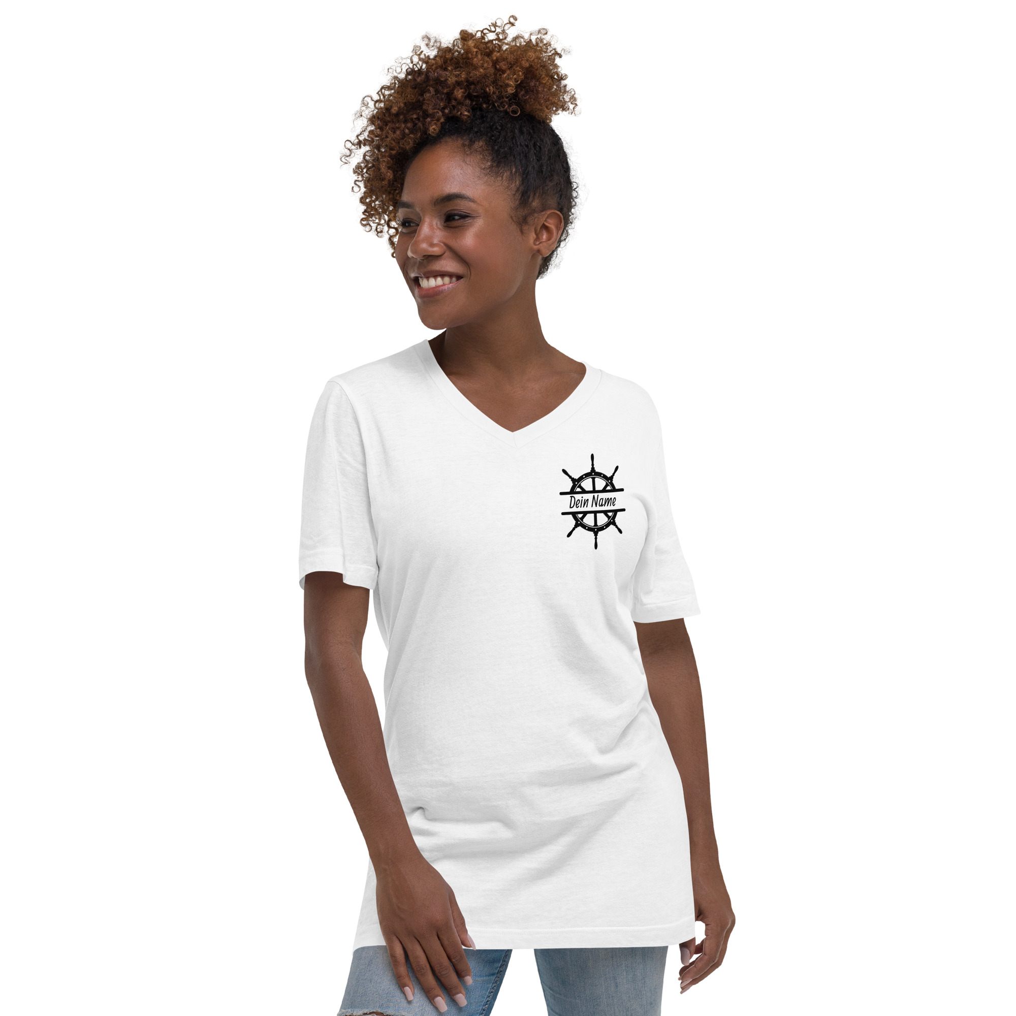 Maritimes Unisex T-Shirt mit V-Ausschnitt aus Baumwolle mit Steuerrad