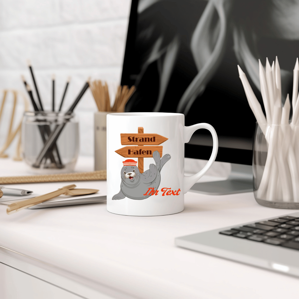 Personalisierte Kaffeetasse mit lustiger Robbe – Ihr individueller Name in maritimem Design, beidseitig bedruckt