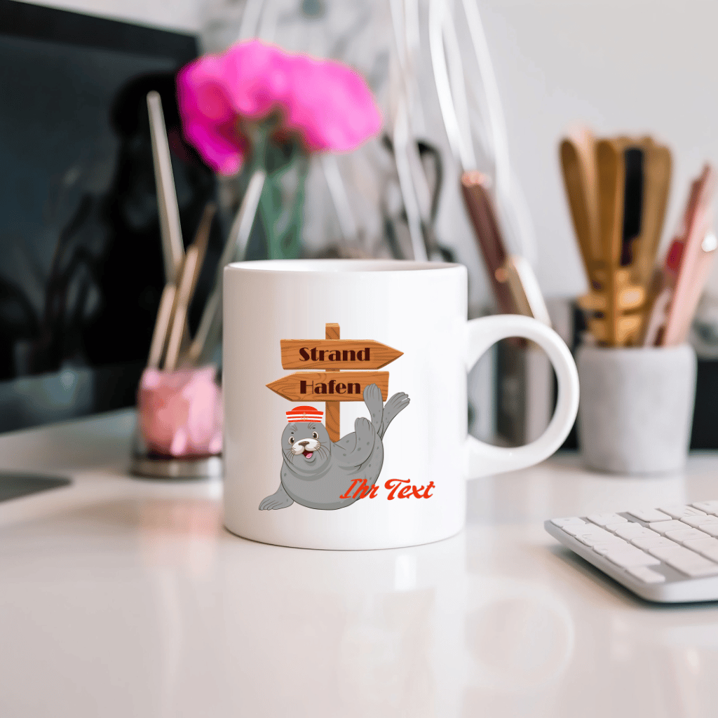 Personalisierte Kaffeetasse mit lustiger Robbe – Ihr individueller Name in maritimem Design, beidseitig bedruckt