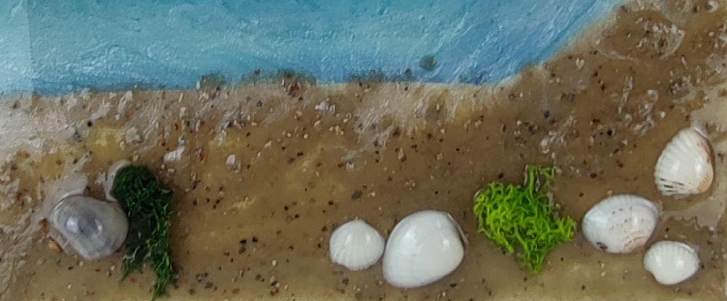 3D Meereslandschaft auf Leinwand - 30x30 cm Epoxidharz-Kunstwerk mit Strand und Muscheln