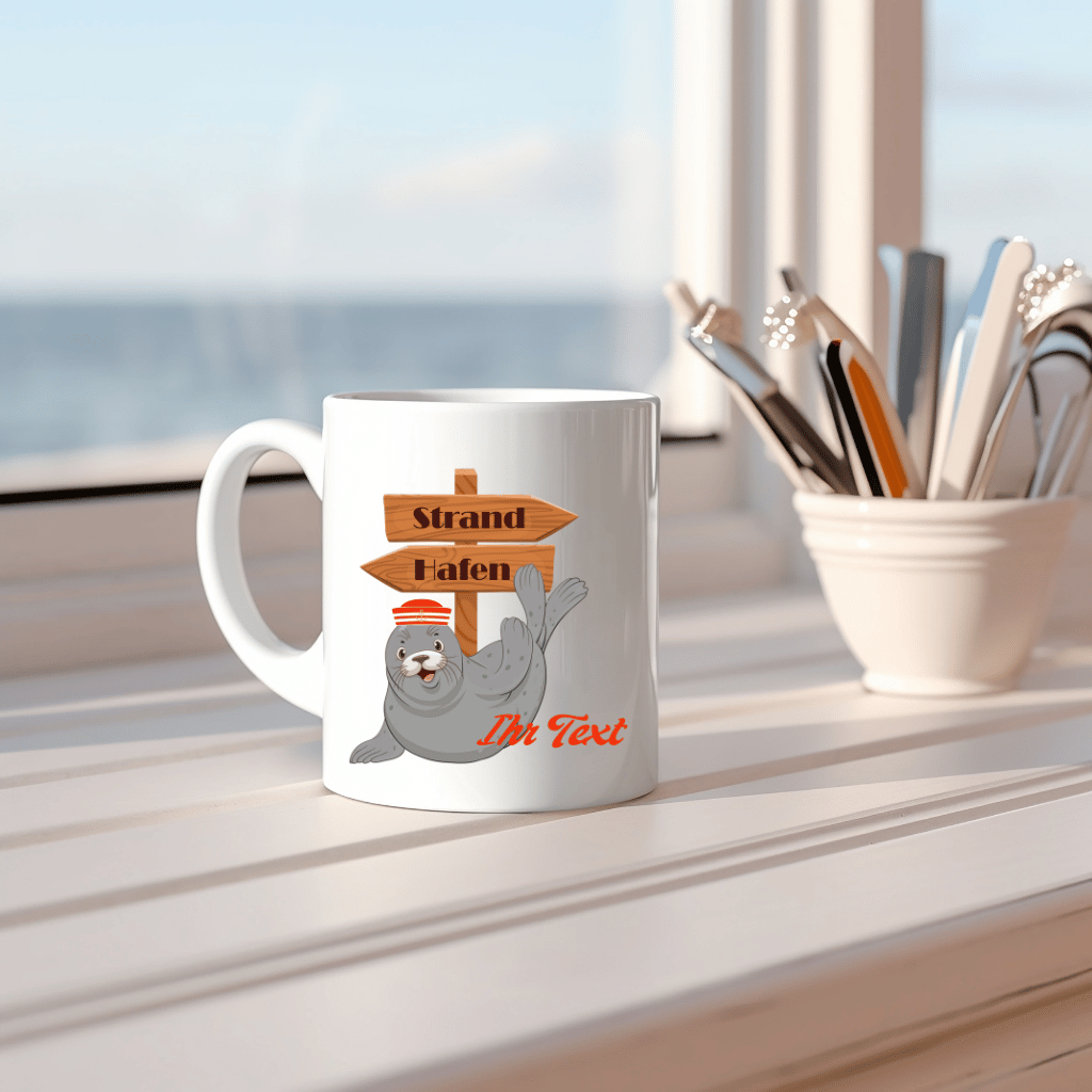 Personalisierte Kaffeetasse mit lustiger Robbe – Ihr individueller Name in maritimem Design, beidseitig bedruckt