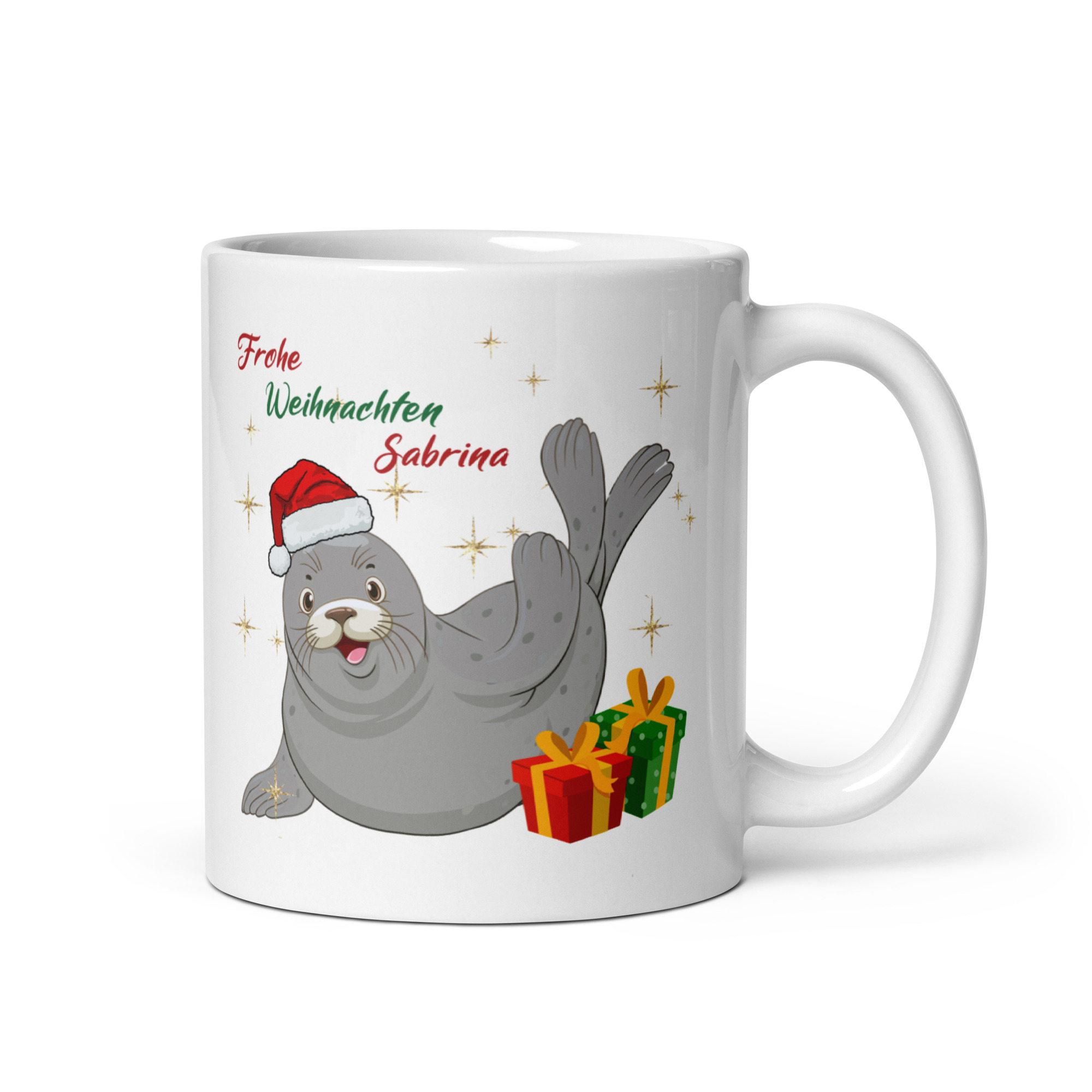 Personalisierte Tasse Robbe zu Weihnachten mit Namen