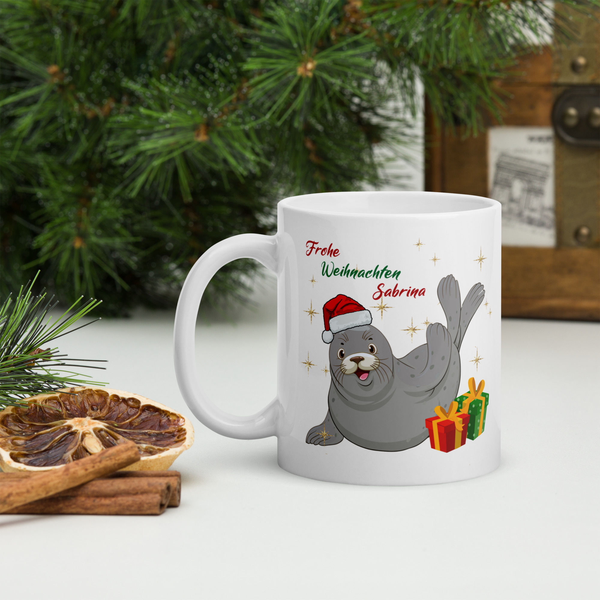 Personalisierte Tasse Robbe zu Weihnachten mit Namen