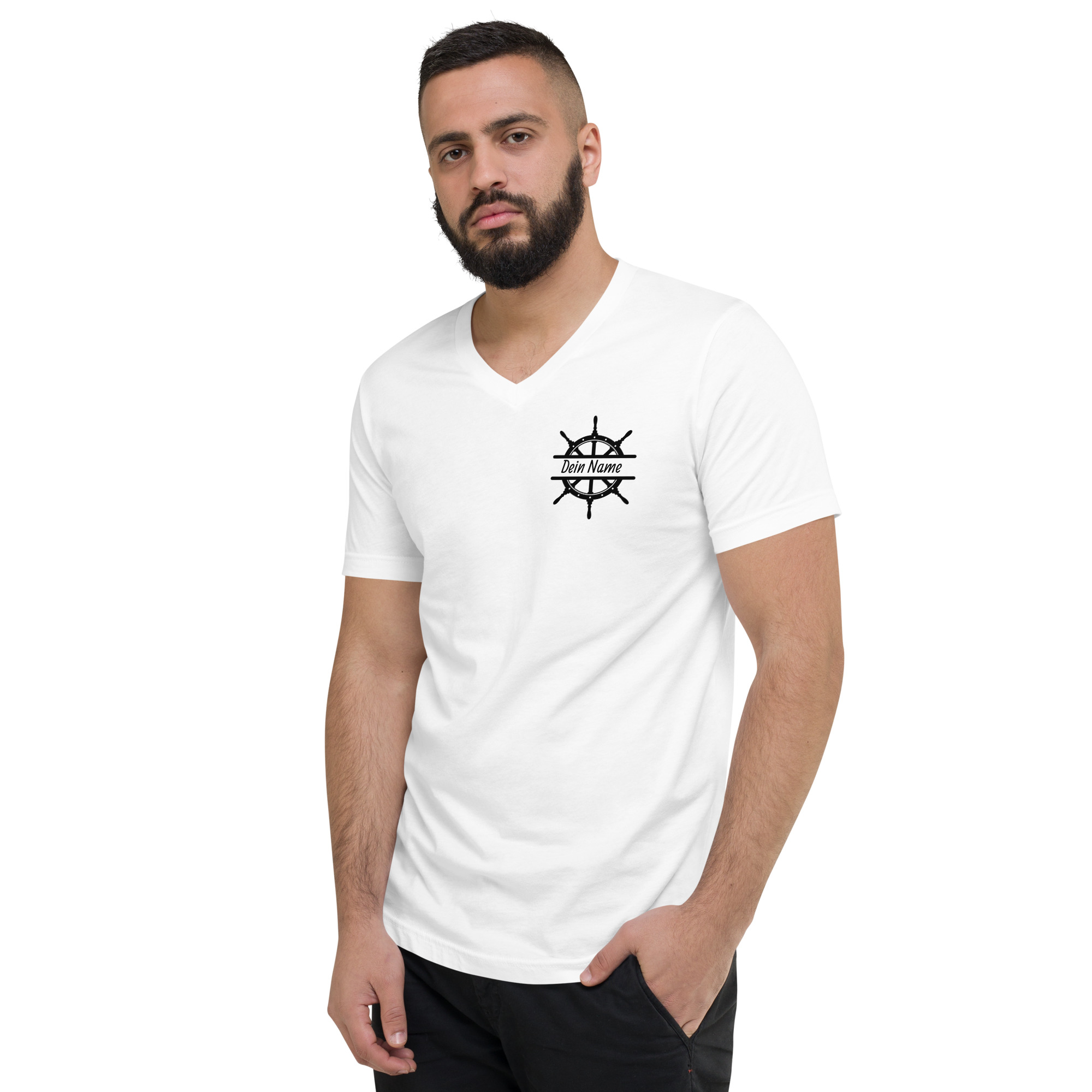 Maritimes Unisex T-Shirt mit V-Ausschnitt aus Baumwolle mit Steuerrad