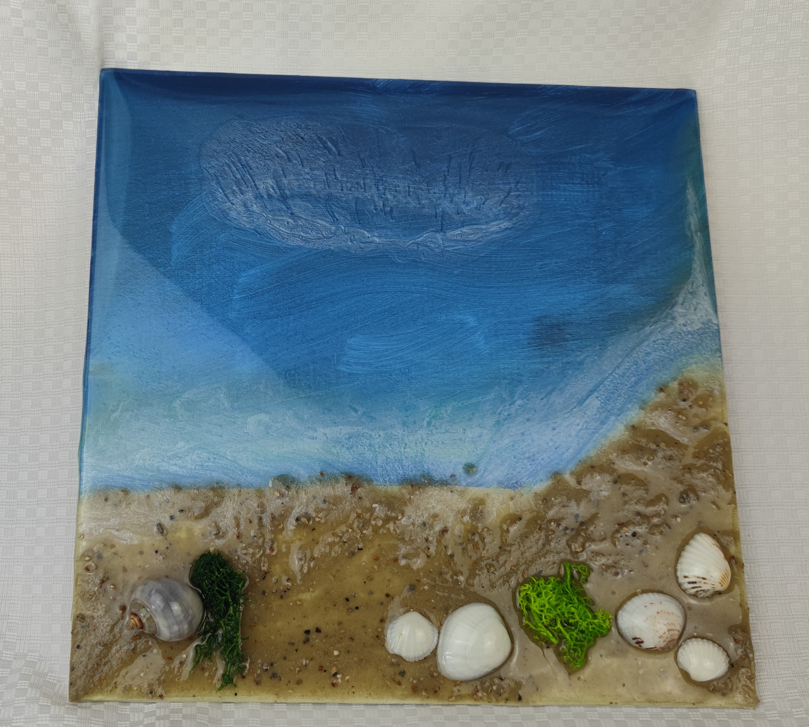 3D Meereslandschaft auf Leinwand - 30x30 cm Epoxidharz-Kunstwerk mit Strand und Muscheln