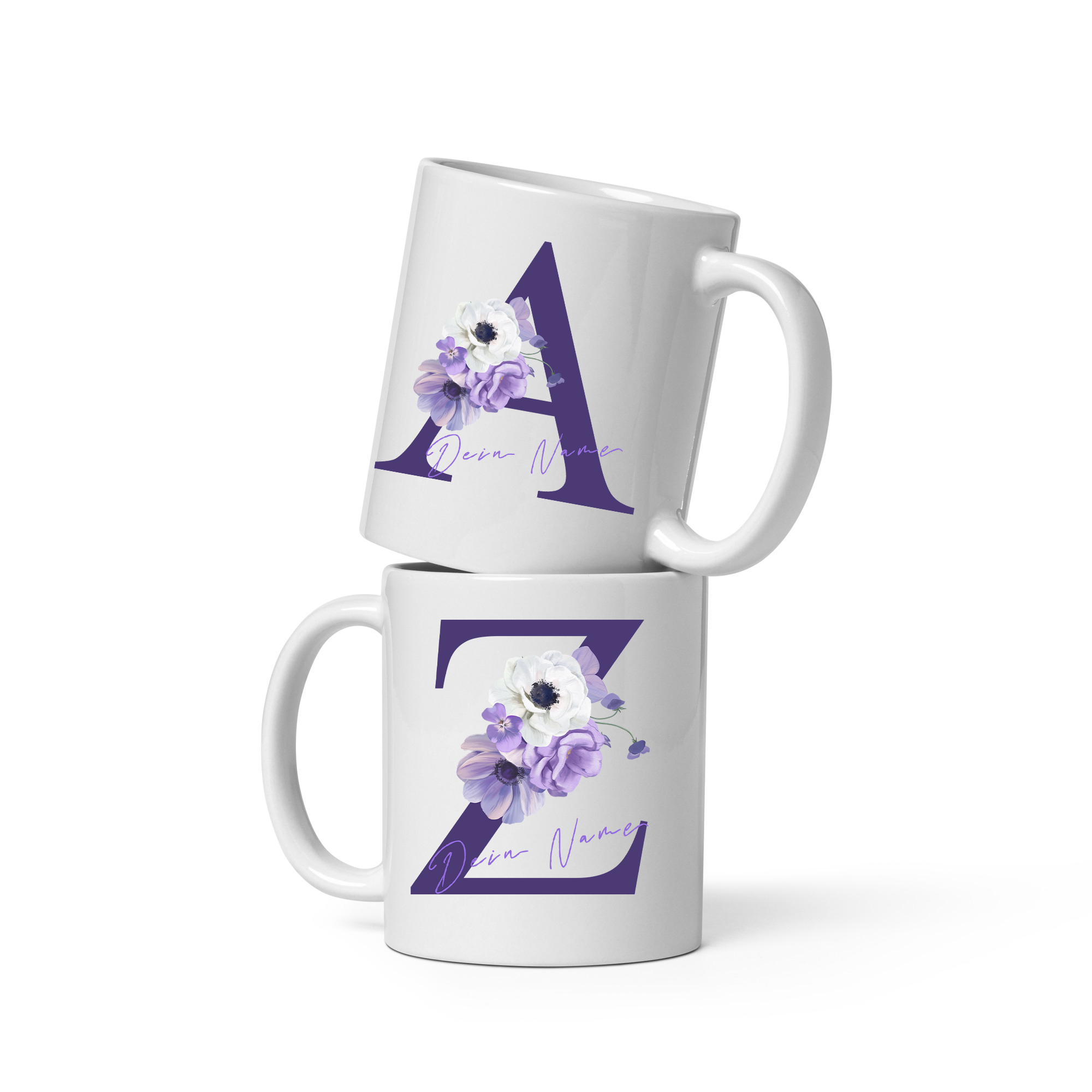 Personalisierte lila Blumen-Tasse: Zauberhaftes Design mit individuellem Namen für Genussmomente!