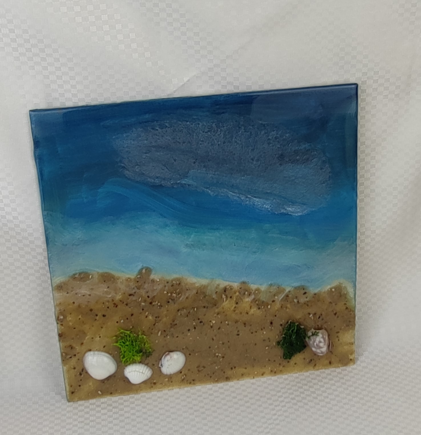 3D Meereslandschaft auf Leinwand - 30x30 cm Epoxidharz-Kunstwerk mit Strand und Muscheln