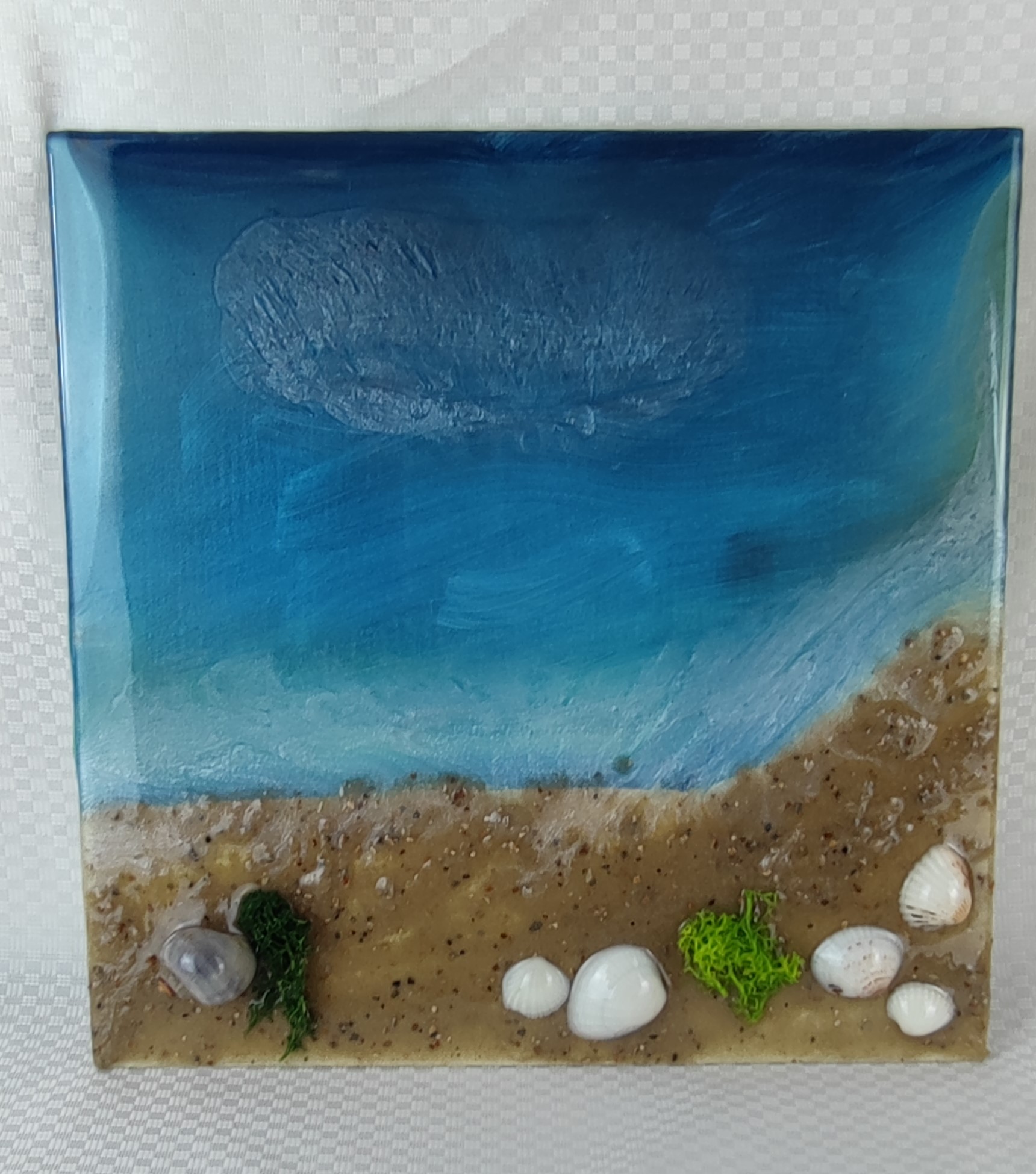 3D Meereslandschaft auf Leinwand - 30x30 cm Epoxidharz-Kunstwerk mit Strand und Muscheln