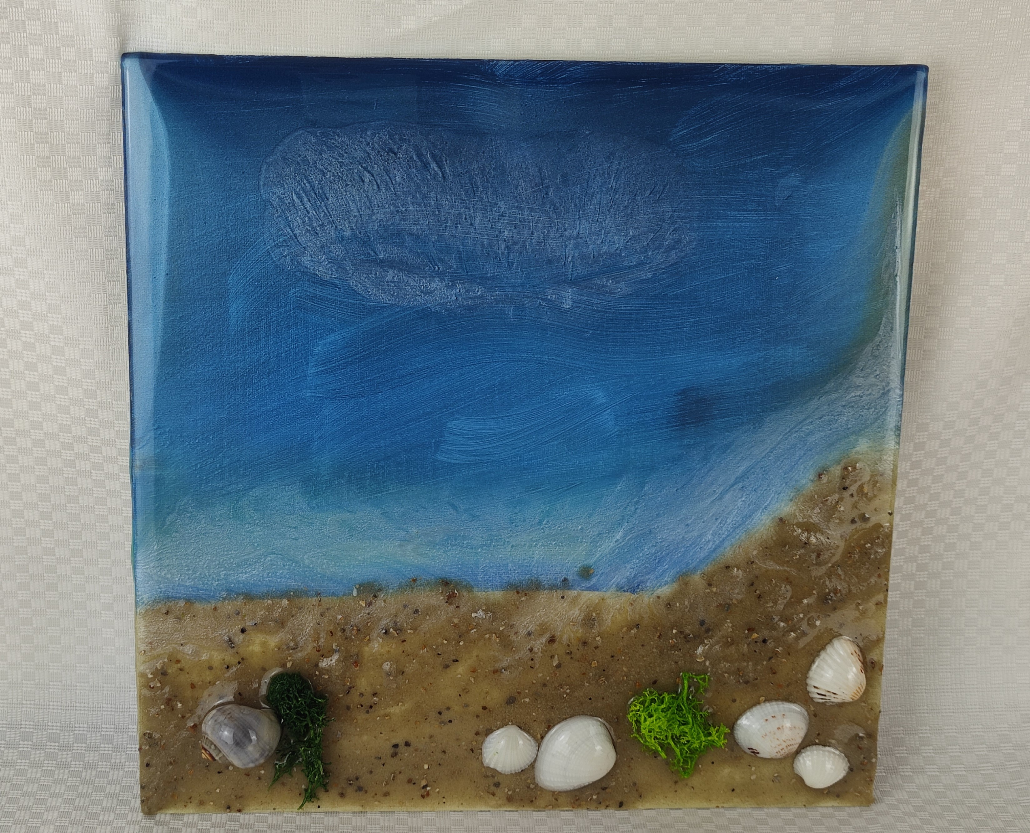 3D Meereslandschaft auf Leinwand - 30x30 cm Epoxidharz-Kunstwerk mit Strand und Muscheln