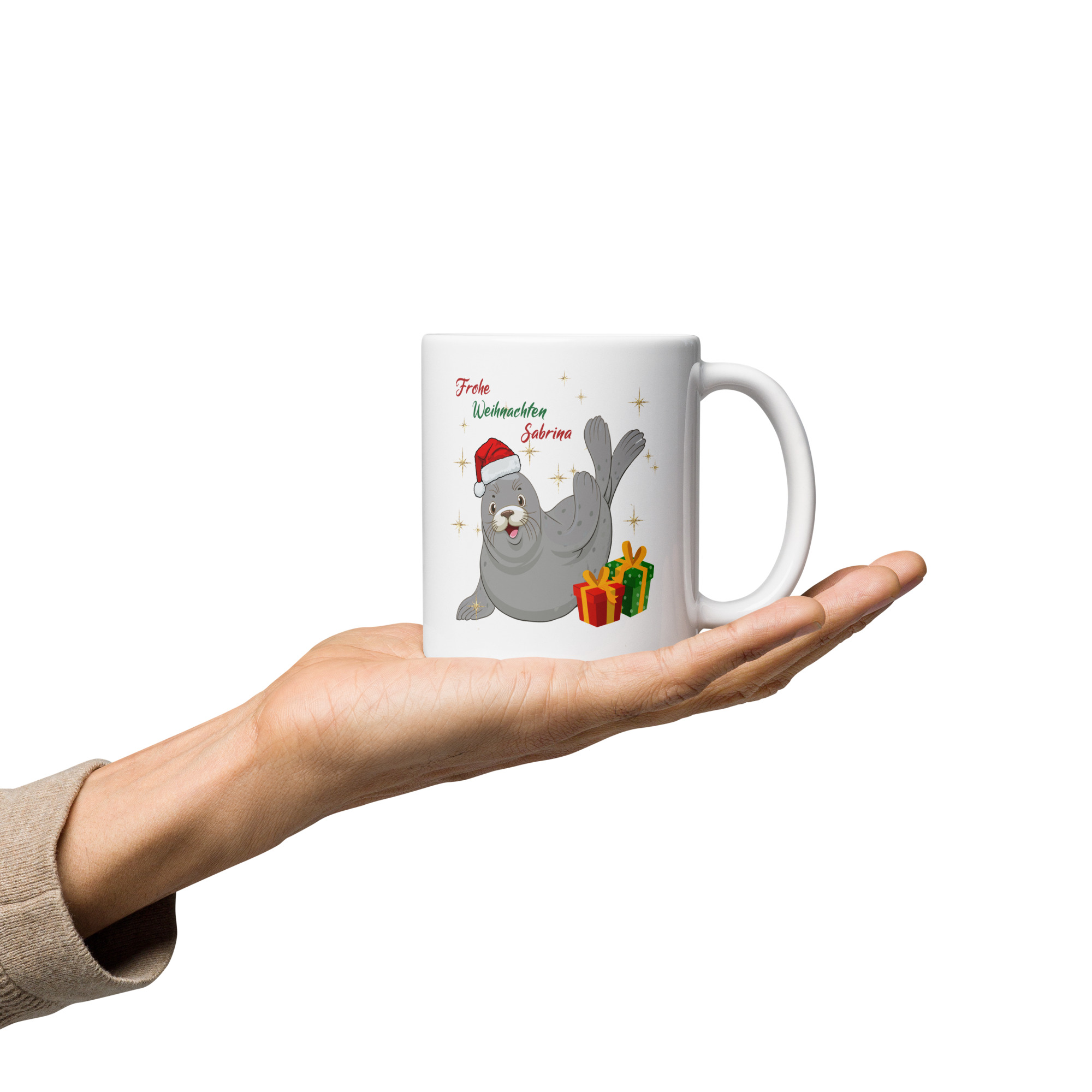 Personalisierte Tasse Robbe zu Weihnachten mit Namen