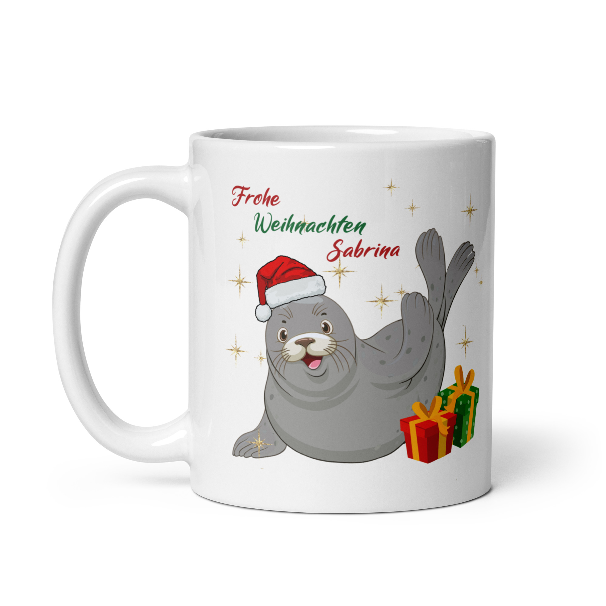 Personalisierte Tasse Robbe zu Weihnachten mit Namen