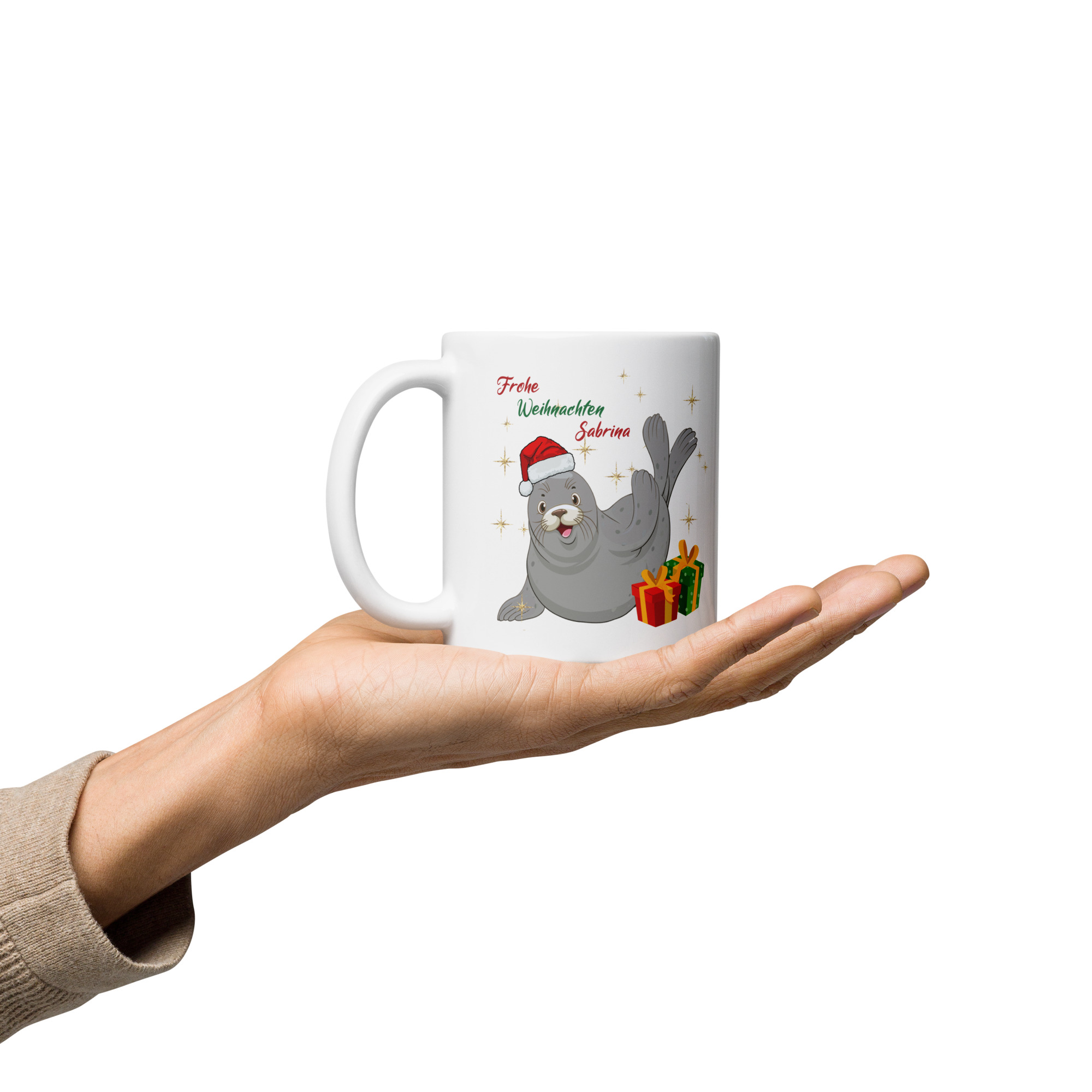 Personalisierte Tasse Robbe zu Weihnachten mit Namen