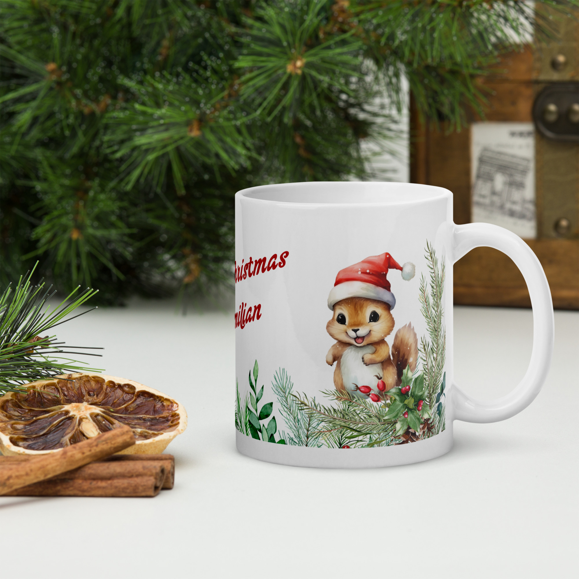 Personalisierte Tasse Eichhörnchen zu Weihnachten mit Namen